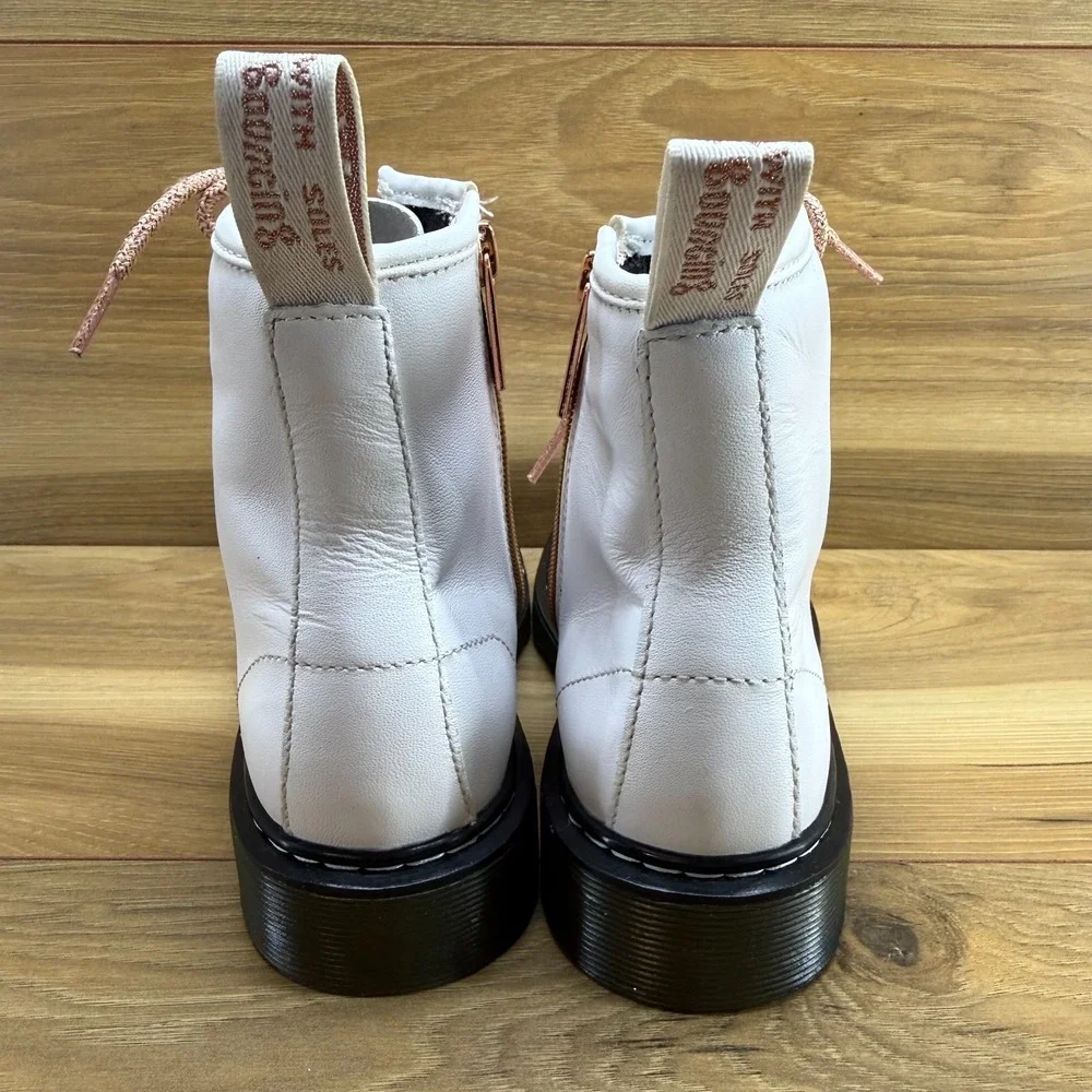 Dr Martens Youth Girls White Boot Size 4 EU 36 Rose Gold Laces Boho Modern 1460J